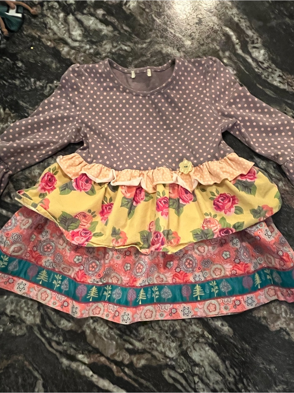 Matilda Jane Purple Polka Dot & Floral Tiered Dress with Yellow Rose Ruffle.